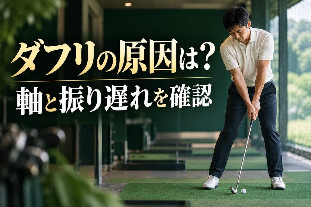 アイアンを構えるゴルファーと「ダフリの原因は？ 軸と振り遅れを確認」の見出し