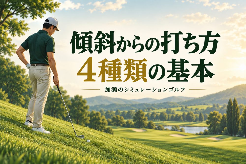 傾斜に立つゴルファーと「傾斜からの打ち方 4種類の基本」の見出し