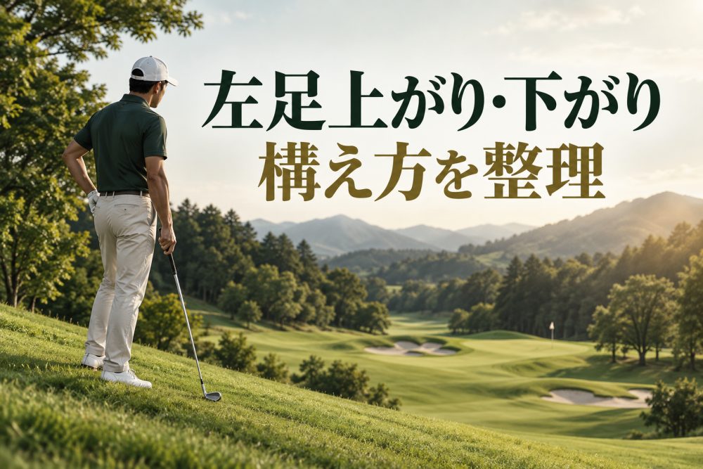 傾斜に立つゴルファーと「左足上がり・下がり 構え方を整理」の見出し
