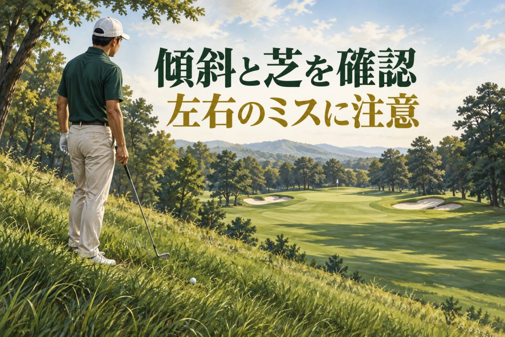 ラフからコースを確認するゴルファーと「傾斜と芝を確認 左右のミスに注意」の見出し