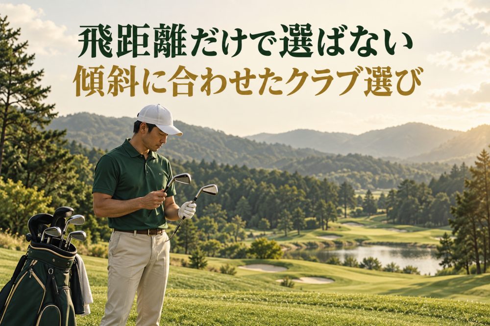 2本のアイアンを比較するゴルファーと「飛距離だけで選ばない 傾斜に合わせたクラブ選び」の見出し
