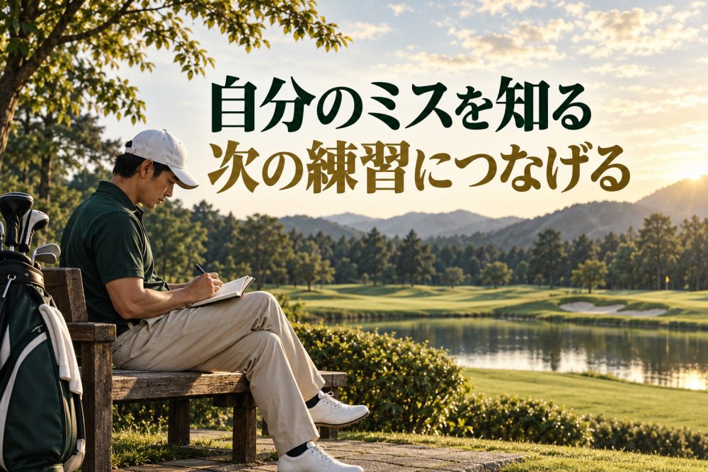 ノートに記録するゴルファーと「自分のミスを知る 次の練習につなげる」の見出し