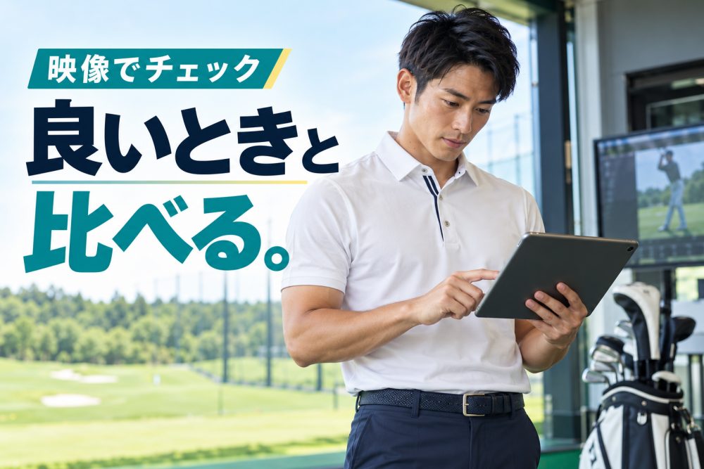 タブレットを確認する男性ゴルファーと「良いときと比べる。」の見出し