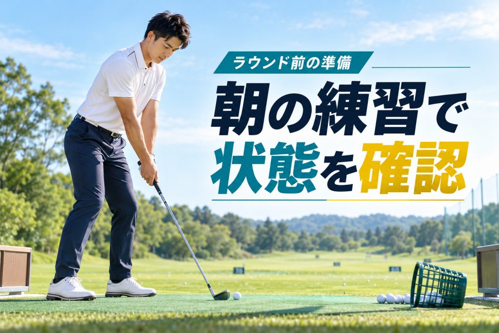 朝の練習場でアイアンを構える男性ゴルファーと「朝の練習で状態を確認」の見出し