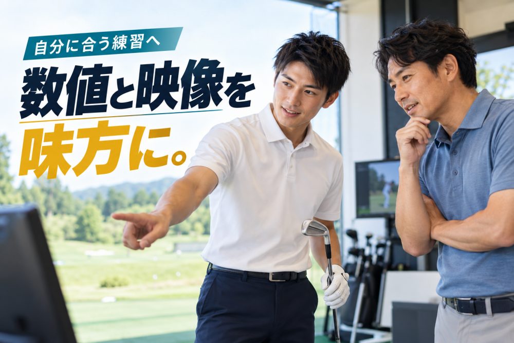 男性インストラクターと受講者が画面を確認するイメージと「数値と映像を味方に。」の見出し