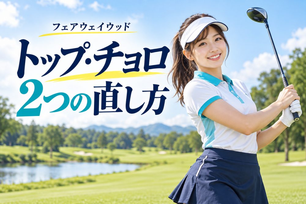 フェアウェイウッドを持つ女性ゴルファーと「トップ・チョロ 2つの直し方」の見出し