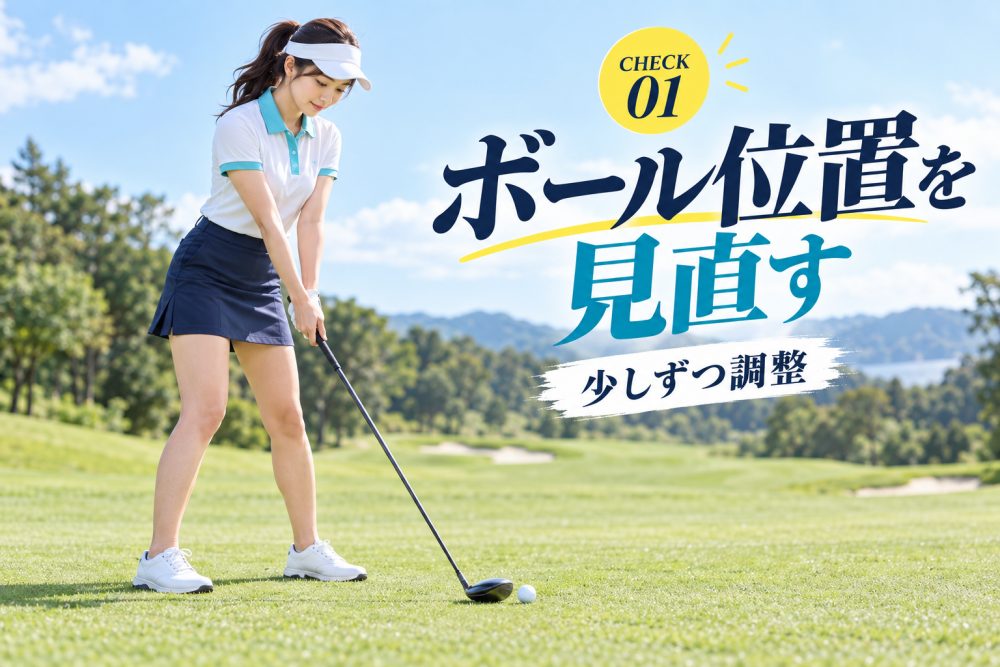 フェアウェイウッドを構える女性ゴルファーと「ボール位置を見直す 少しずつ調整」の見出し