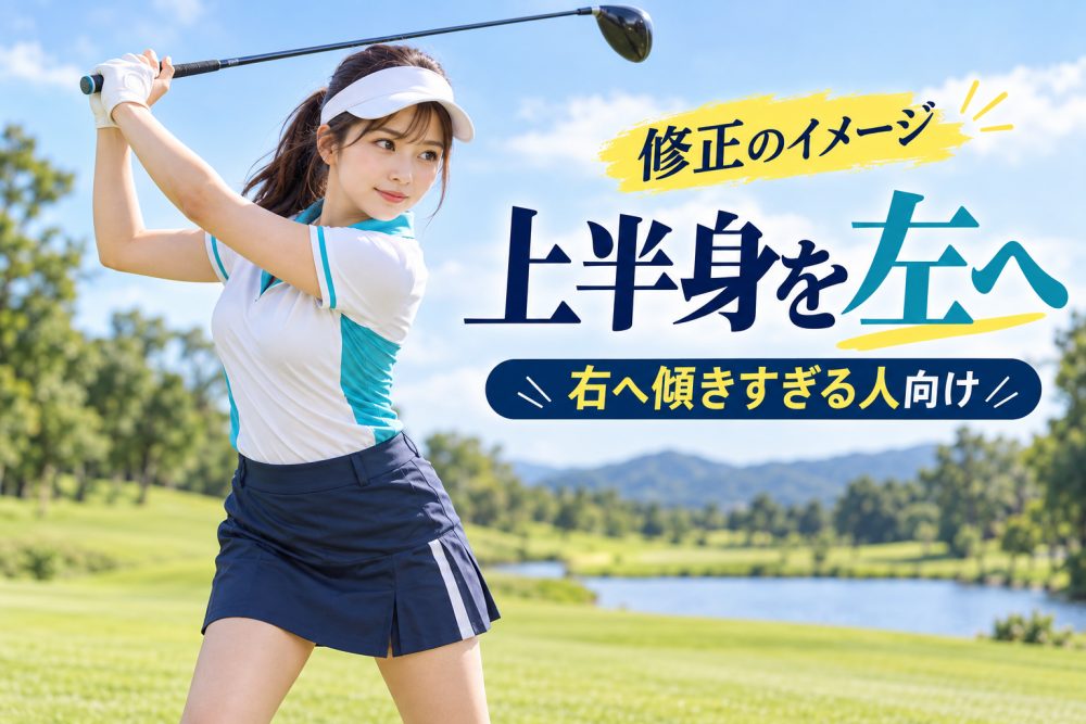 クラブを振り上げた女性ゴルファーと「上半身を左へ 右へ傾きすぎる人向け」の見出し