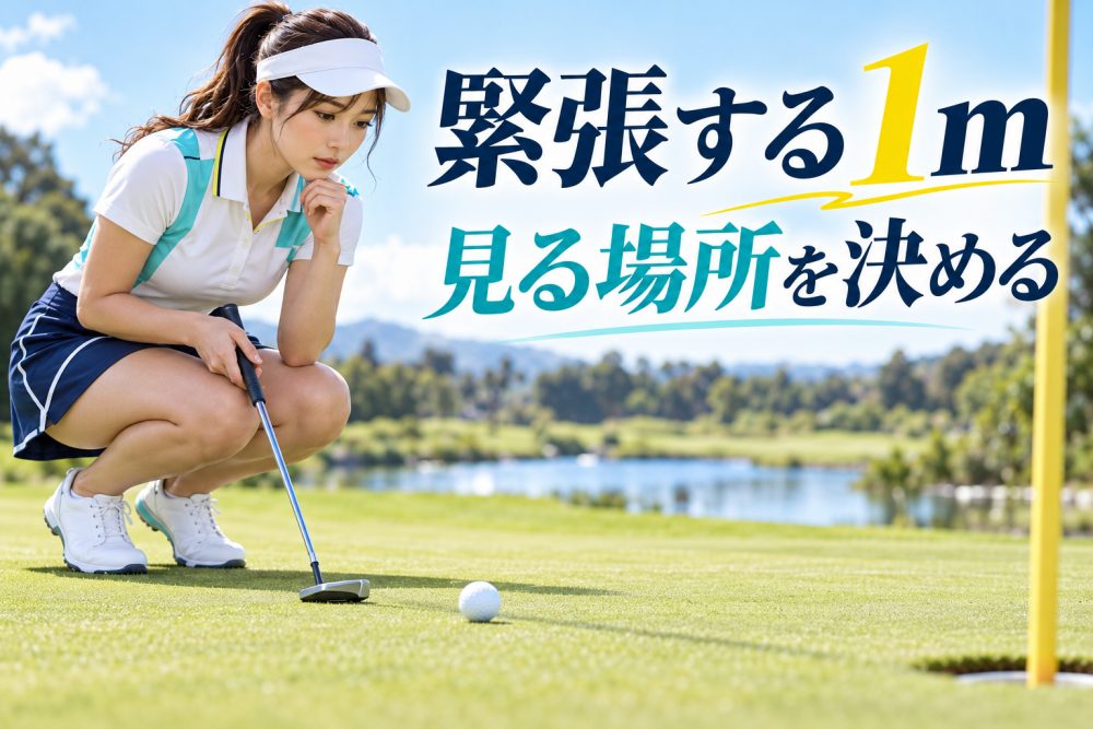 短いパットのラインを読む女性ゴルファーと「緊張する1m 見る場所を決める」の見出し