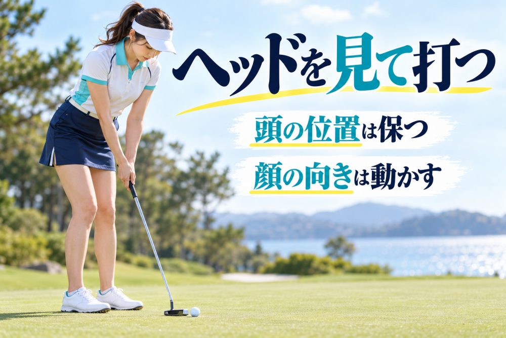 パターヘッドを見る打ち方と、頭の位置を保ちながら顔の向きを動かすポイントのイメージ