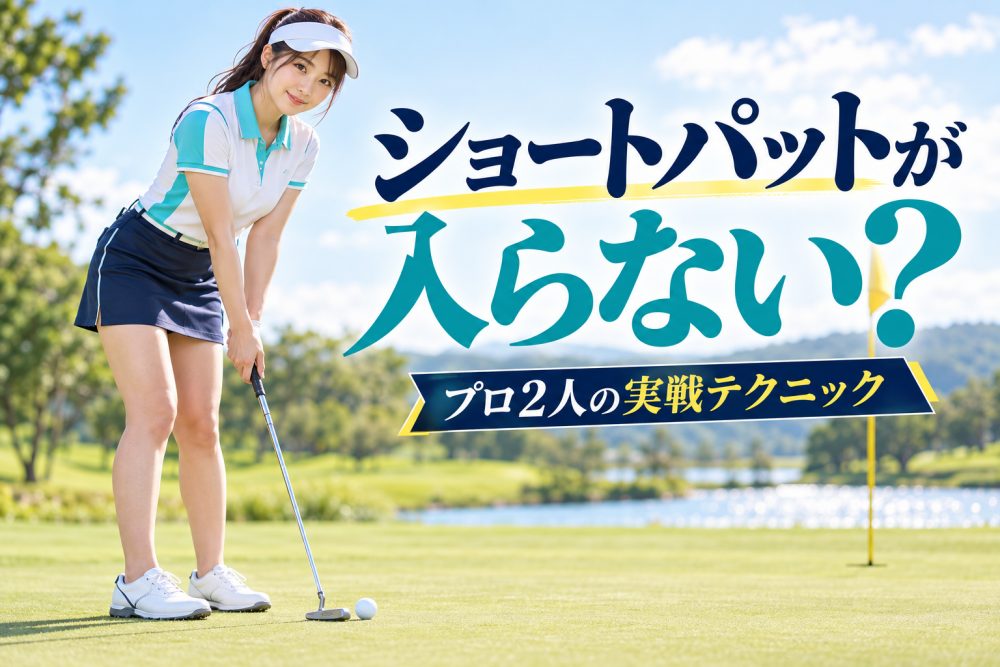 パターを構える女性ゴルファーと「ショートパットが入らない？」の見出し