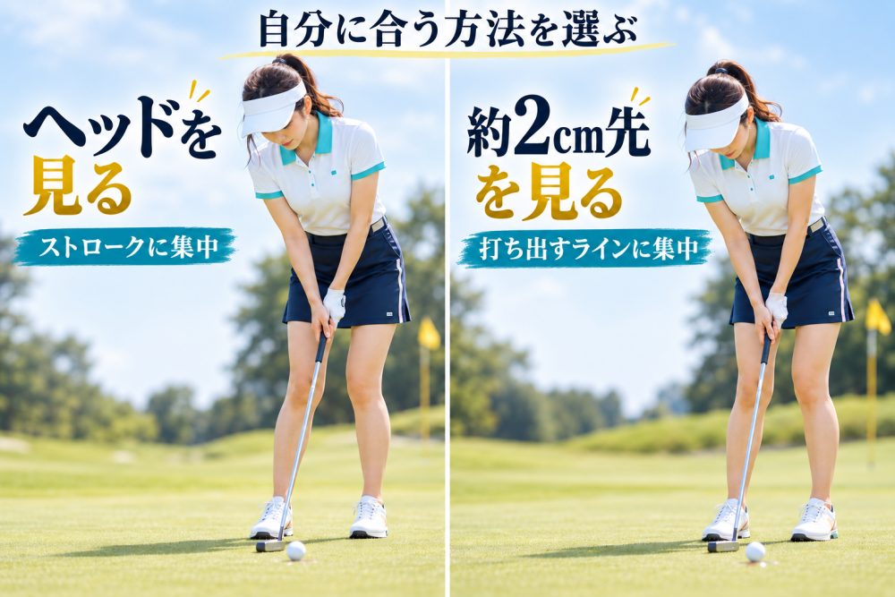 ヘッドを見てストロークに集中する方法と、約2cm先を見て打ち出すラインに集中する方法の比較