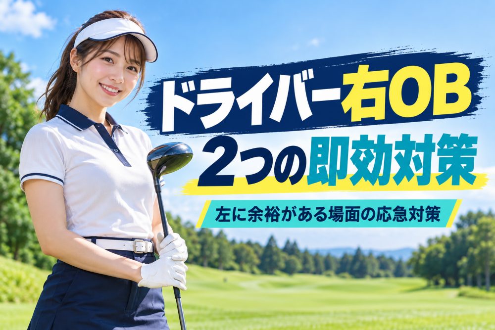ドライバーを持つ女性ゴルファーとドライバー右OB・2つの即効対策の見出し