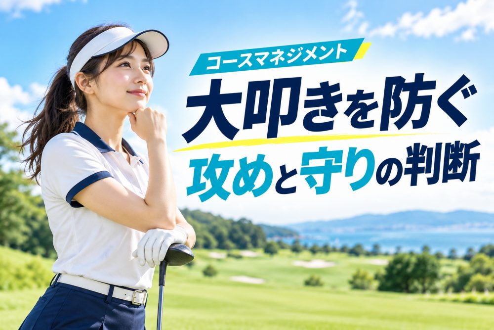 コースを見て狙いを考える女性ゴルファーと大叩きを防ぐ攻めと守りの判断の見出し