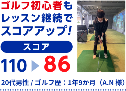 20代男性 / ゴルフ歴:1年9か月(A.N 様)ゴルフ初心者もレッスン継続でスコアアップ! スコア 110→86